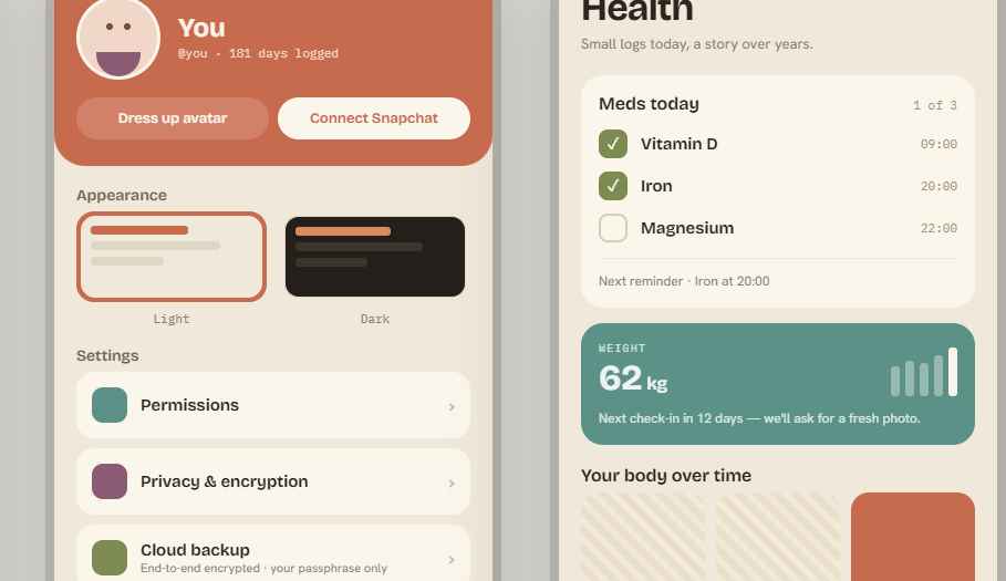 Two Younger mobile app screens showing profile, privacy, health, and tracking settings